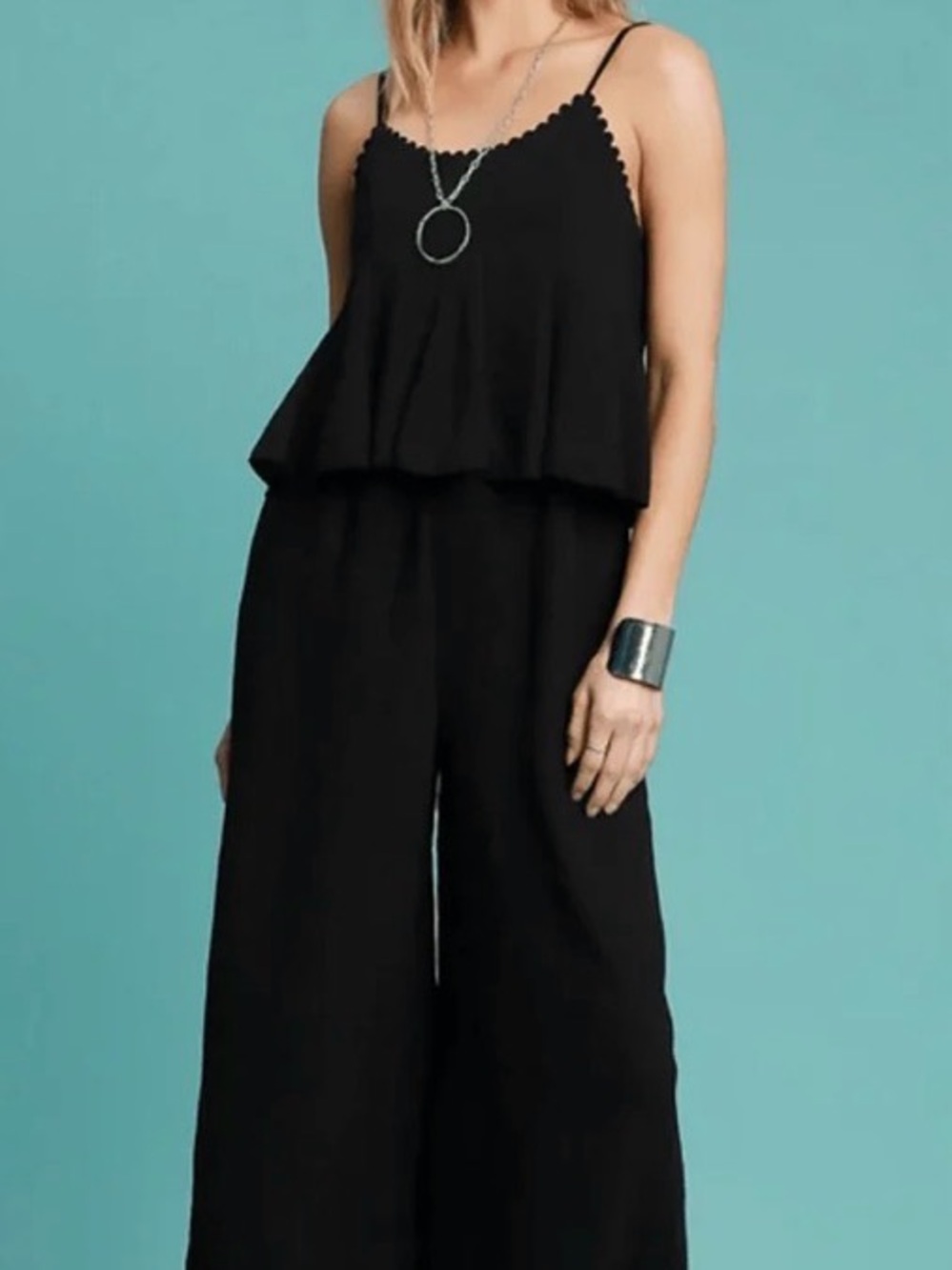 Umgee Black Wide-Leg Scallop-Trim Jumpsuit with Pockets